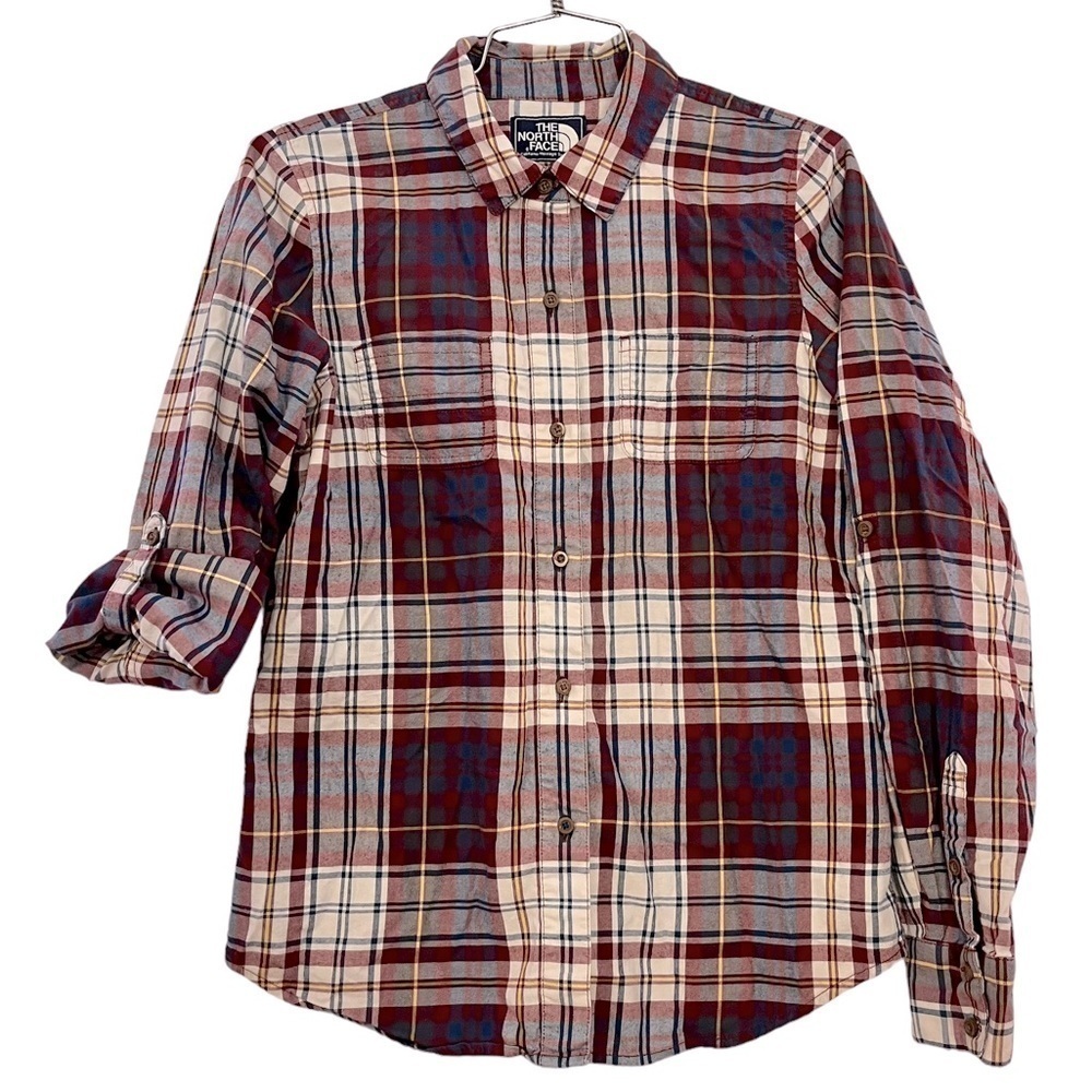The North Face Red Blue Plaid Button Down Flannel Roll Sleeve Shirt (Small)